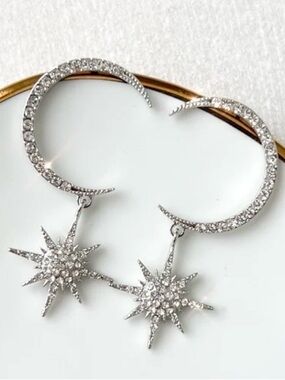 Silver Starburst Hoop Drop Earrings - Sparkling Crystal Accent